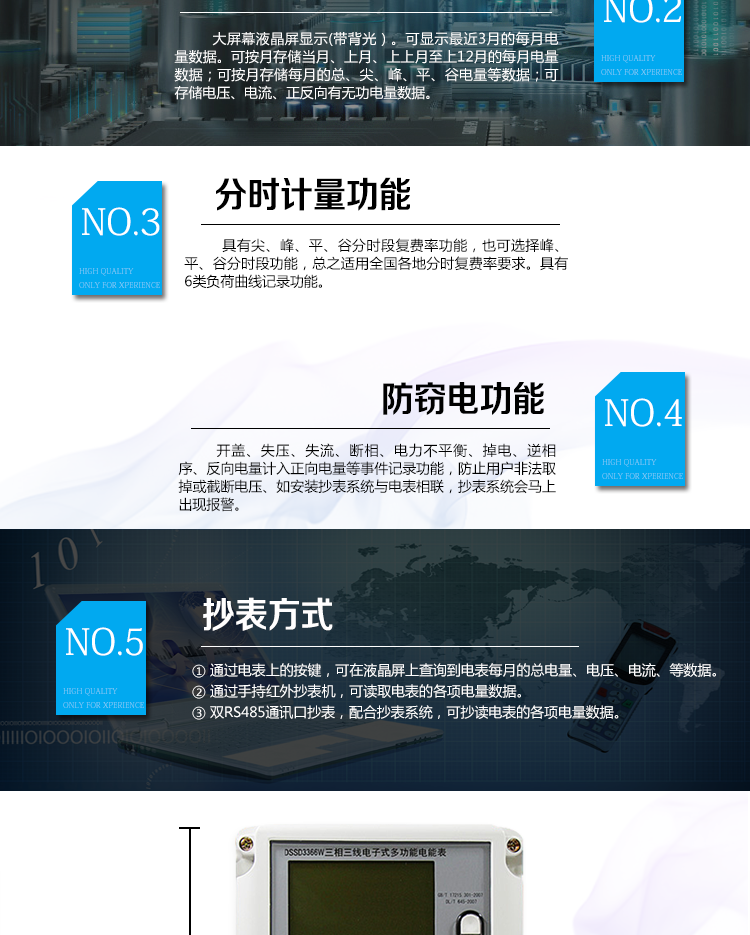 2、防竊電功能
① 開蓋記錄功能，防止非法更改電路。
② 電壓合格率、失壓記錄功能，防止用戶非法取掉或截斷電壓接線，如已發生，可通過記錄的時間核算所損失的電量，為追補電量提供依據。
③ 失流、斷相記錄功能，防止用戶非法短接電流接線，如已發生，可通過記錄的時間核算所損失的電量，為追補電量提供依據。
④ 電流不平衡記錄：可警惕用戶在電表接線的前端截取電量。
⑤ 掉電記錄功能，防止用戶非法取下電表的工作電源，如已發生，可通過記錄的時間核算所損失的電量，為追補電量提供依據。
⑥ 反向電量計入正向電量，用戶如將電流線接反，電表照樣正向走字，不具有竊電作用。
⑦ 逆相序報警，用戶非法接線，電表會報警，除非把線接正確，否則一直報警。
以上情況如發出，電表會出現報警標志，如安裝抄表系統與電表相聯，抄表系統會馬上出現報警。