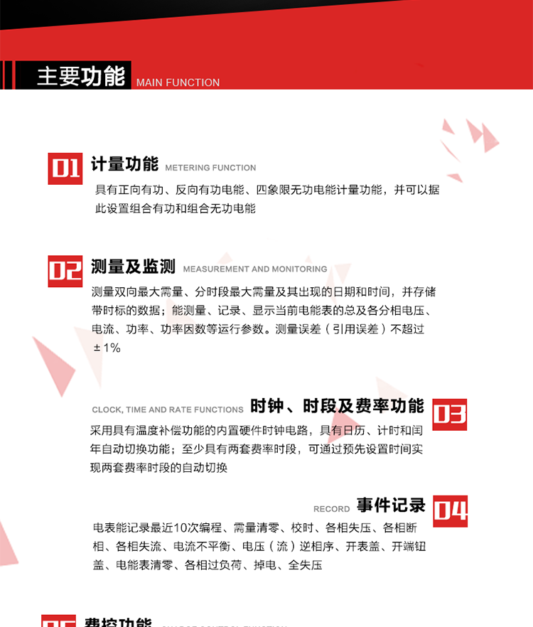 主要功能
1. 　電能計量
具有正向有功、反向有功電能、四象限無功電能計量功能，并可以據此設置組合有功和組合無功電能。
2. 　需量計量
測量雙向最大需量、分時段最大需量及其出現的日期和時間，并存儲帶時標的數據。
3. 　測量及監測
能測量、記錄、顯示當前電能表的總及各分相電壓、電流、功率、功率因數等運行參數。測量誤差（引用誤差）不超過±1%。
4. 　時鐘、時段及費率功能
采用具有溫度補償功能的內置硬件時鐘電路，具有日歷、計時和閏年自動切換功能。內部時鐘端子輸出頻率為1Hz。至少具有兩套費率時段，可通過預先設置時間實現兩套費率時段的自動切換。每套費率時段全年至少可設置2個時區，24小時內至少可以設置8個時段，時段最小間隔為15分鐘，并且時段間隔大于表內設定的需量周期值，時段可跨越零點設置。
5. 　費控功能 
電能表費控功能的實現方式通過公網等虛擬介質和遠程售電系統實現。
6. 　無線通信
通過無線通信與主站通信。支持在安全認證前提下，通過無線網絡信道修改費率時段表及電價。
7. 　事件記錄
電表能記錄最近10次編程、需量清零、校時、各相失壓、各相斷相、各相失流、電流不平衡、電壓（流）逆相序、開表蓋、開端鈕蓋、電能表清零、各相過負荷、掉電、全失壓。
8. 　凍結
具有定時凍結、瞬時凍結、約定凍結和日凍結功能。
9.　 負荷記錄
記錄正反向有功總電能、無功總電能、四象限無功總電能、組合有功、組合無功1、組合無功2，負荷記錄間隔時間可以在1～60min范圍內設置，時間間隔為1min的情況下可記錄不少于40天的數據容量。
10. 　停電抄表
在停電狀態下，能通過按鍵或非接觸方式喚醒電能表，抄讀電能量等數據。
11. 擴展功能
計量視在電能、諧波電壓、電流、電量的監測、電能質量監測和計算鐵損、銅損。 