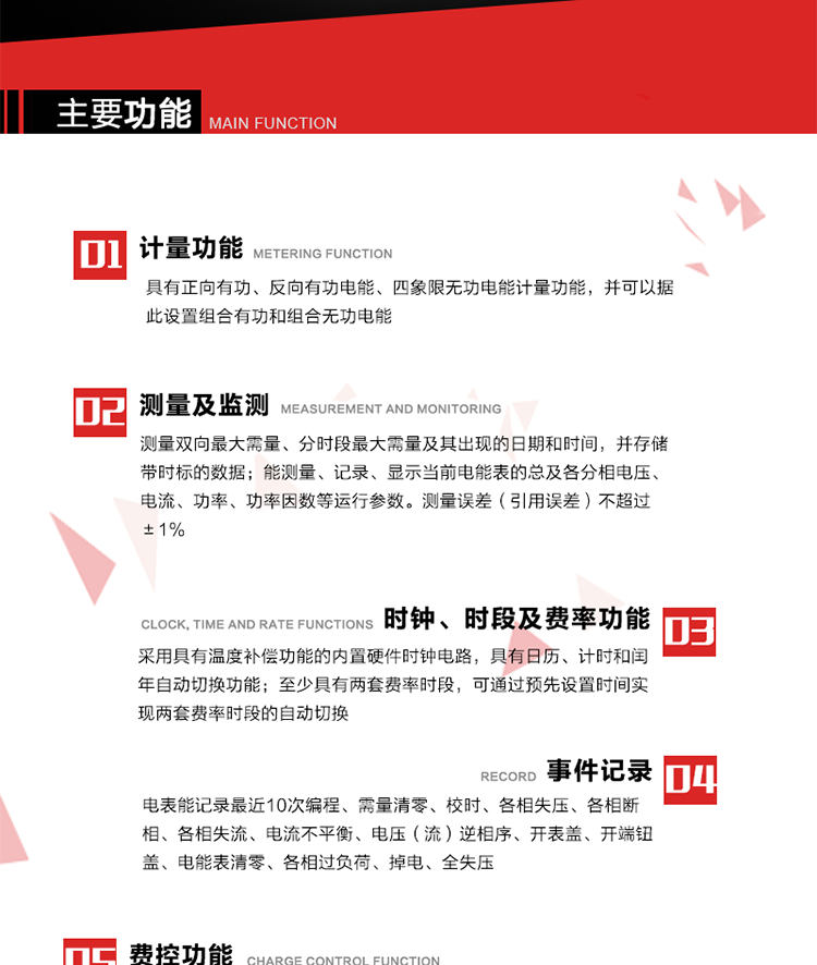 主要功能
1. 　電能計量
具有正向有功、反向有功電能、四象限無功電能計量功能，并可以據此設置組合有功和組合無功電能。
2. 　需量計量
測量雙向最大需量、分時段最大需量及其出現的日期和時間，并存儲帶時標的數據。
3. 　測量及監測
能測量、記錄、顯示當前電能表的總及各分相電壓、電流、功率、功率因數等運行參數。測量誤差（引用誤差）不超過±1%。
4. 　時鐘、時段及費率功能
采用具有溫度補償功能的內置硬件時鐘電路，具有日歷、計時和閏年自動切換功能。內部時鐘端子輸出頻率為1Hz。至少具有兩套費率時段，可通過預先設置時間實現兩套費率時段的自動切換。每套費率時段全年至少可設置2個時區，24小時內至少可以設置8個時段，時段最小間隔為15分鐘，并且時段間隔大于表內設定的需量周期值，時段可跨越零點設置。
5. 　費控功能 
電能表費控功能的實現方式通過公網等虛擬介質和遠程售電系統實現。
6. 　無線通信
通過無線通信與主站通信。支持在安全認證前提下，通過無線網絡信道修改費率時段表及電價。
7. 　事件記錄
電表能記錄最近10次編程、需量清零、校時、各相失壓、各相斷相、各相失流、電流不平衡、電壓（流）逆相序、開表蓋、開端鈕蓋、電能表清零、各相過負荷、掉電、全失壓。
8. 　凍結
具有定時凍結、瞬時凍結、約定凍結和日凍結功能。
9.　 負荷記錄
記錄正反向有功總電能、無功總電能、四象限無功總電能、組合有功、組合無功1、組合無功2，負荷記錄間隔時間可以在1～60min范圍內設置，時間間隔為1min的情況下可記錄不少于40天的數據容量。
10. 　停電抄表
在停電狀態下，能通過按鍵或非接觸方式喚醒電能表，抄讀電能量等數據。
11. 擴展功能
計量視在電能、諧波電壓、電流、電量的監測、電能質量監測和計算鐵損、銅損。 