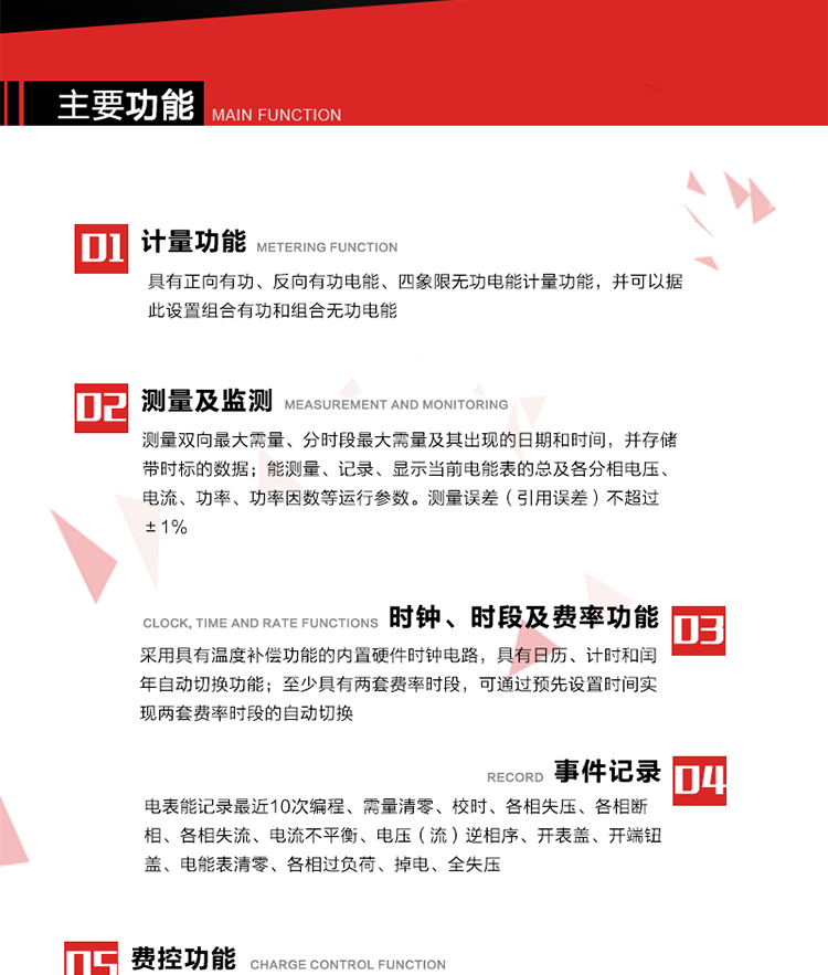 主要功能
1. 　電能計量
具有正向有功、反向有功電能、四象限無功電能計量功能，并可以據(jù)此設(shè)置組合有功和組合無功電能。
2. 　需量計量
測量雙向最大需量、分時段最大需量及其出現(xiàn)的日期和時間，并存儲帶時標(biāo)的數(shù)據(jù)。
3. 　測量及監(jiān)測
能測量、記錄、顯示當(dāng)前電能表的總及各分相電壓、電流、功率、功率因數(shù)等運行參數(shù)。測量誤差（引用誤差）不超過±1%。
4. 　時鐘、時段及費率功能
采用具有溫度補償功能的內(nèi)置硬件時鐘電路，具有日歷、計時和閏年自動切換功能。內(nèi)部時鐘端子輸出頻率為1Hz。至少具有兩套費率時段，可通過預(yù)先設(shè)置時間實現(xiàn)兩套費率時段的自動切換。每套費率時段全年至少可設(shè)置2個時區(qū)，24小時內(nèi)至少可以設(shè)置8個時段，時段最小間隔為15分鐘，并且時段間隔大于表內(nèi)設(shè)定的需量周期值，時段可跨越零點設(shè)置。
5. 　費控功能 
電能表費控功能的實現(xiàn)方式通過公網(wǎng)等虛擬介質(zhì)和遠程售電系統(tǒng)實現(xiàn)。
6. 　 載波通信
在載波集中器和主站系統(tǒng)的配合下，可通過載波，按設(shè)定的采集方案定時數(shù)據(jù)采集，并可實時監(jiān)測電表運行狀態(tài)。
7. 　事件記錄
電表能記錄最近10次編程、需量清零、校時、各相失壓、各相斷相、各相失流、電流不平衡、電壓（流）逆相序、開表蓋、開端鈕蓋、電能表清零、各相過負(fù)荷、掉電、全失壓。
8. 　凍結(jié)
具有定時凍結(jié)、瞬時凍結(jié)、約定凍結(jié)和日凍結(jié)功能。
9.　 負(fù)荷記錄
記錄正反向有功總電能、無功總電能、四象限無功總電能、組合有功、組合無功1、組合無功2，負(fù)荷記錄間隔時間可以在1～60min范圍內(nèi)設(shè)置，時間間隔為1min的情況下可記錄不少于40天的數(shù)據(jù)容量。
10. 　停電抄表
在停電狀態(tài)下，能通過按鍵或非接觸方式喚醒電能表，抄讀電能量等數(shù)據(jù)。
11. 擴展功能
計量視在電能、諧波電壓、電流、電量的監(jiān)測、電能質(zhì)量監(jiān)測和計算鐵損、銅損。 