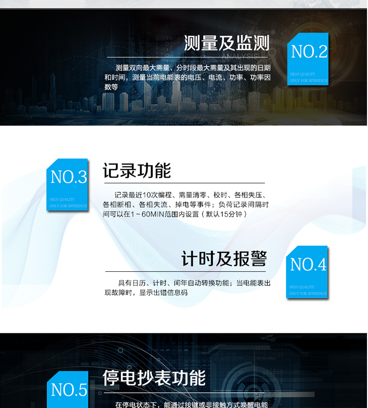 產品特點
采用專利技術開關電源供電，寬電壓工作范圍
采用獨有的抗浪涌措施，防雷性能強
功耗低，整機功耗<=1W、2VA，溫升低，整機壽命長
抗過壓能力強，避免接錯線或弄錯電壓等級而損壞電表，且能支持高過載倍數
板間無接插件，連接可靠；主機經過三防處理，能適應復雜氣候，提高了整機壽命和平均無故障工作時間
采用雙物理器件存儲參數、計費電能數據；每個物理器件內數據保存三份，確保在強干擾環境中參數和計費數據完整、可靠
接口功能豐富：可提供雙路RS485接口，雙路負荷報警接口，四路電能脈沖輸出，一路時鐘脈沖輸出，停電抄表輸入
豐富的軟件模塊，功能擴展方便，可擴展電壓及功率因數合格率等電能質量數據、可存儲半年以上的大容量負荷曲線數據等
采用模塊化設計，GPRS/CDMA模塊與計量模塊獨立，安裝方便，可后期擴充
采用業內先進的GPRS/CDMA模塊，可快速安全的實現數據連接，永久在線
可以當地/遠方修改參數，并且支持當地/遠方軟件在線升級
支持GPRS、CSD、SMS、CDMA等通訊方式，并支持VPN虛擬專網及公網等多種組網模式
采用超級電容和鋰電池兩種停電后備方式，保證停電報警功能可靠
綜合防竊電功能：
    硬件方面：采用防竊電外殼，并有相應的施封點，用電戶在不破壞鉛封的前提下，無法改動電壓電流線，也無法對編程按鍵操作來改動電表參數
    軟件方面：三級密碼防護
在線實時監測，并通過用電異常信息的記錄及主動上傳（通過GPRS/CDMA網絡上傳失壓、斷相、掉電/上電、過壓等異常事件）進行防竊電報警
電表自檢信息記錄及上報（硬件故障、時鐘故障、電池電壓低等）