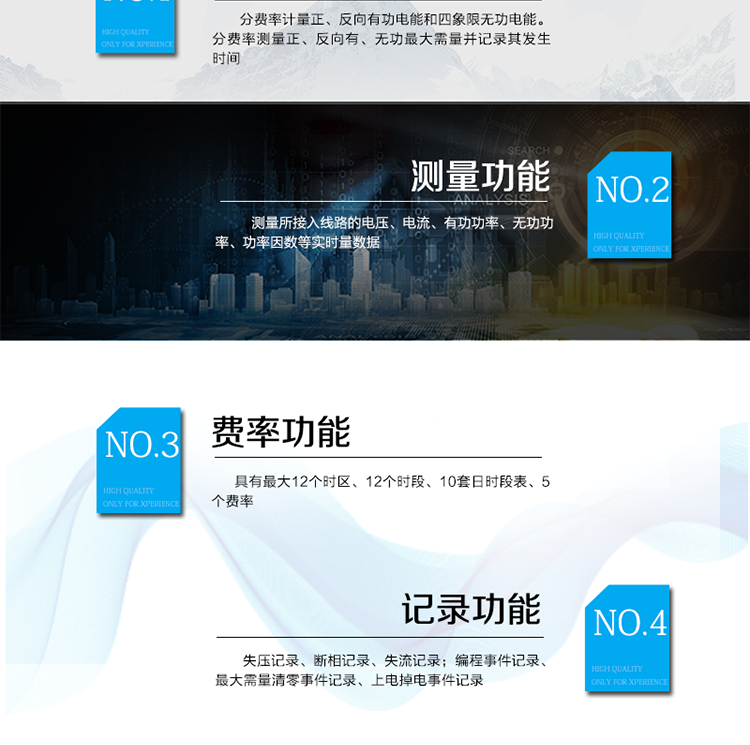 主要功能
電能計量功能
具有正、反向有功, 無功四象限電能計量功能；
具有分時計量功能；具有計量分相有功電能量功能。
需量測量功能
有功需量測量、無功需量測量、結(jié)算日需量
實(shí)時量測量功能
測量、記錄、顯示當(dāng)前電能表的總及各分相電壓、電流、功率、功率因數(shù)、頻率、表內(nèi)溫度等運(yùn)行參數(shù)。
提供越限監(jiān)測功能。
時鐘功能
采用具有溫度補(bǔ)償功能的內(nèi)置硬件時鐘電路，具有日歷、計時和閏年自動切換功能。
費(fèi)率、時段功能
事件記錄功能
凍結(jié)功能
定時凍結(jié)、瞬時凍結(jié)、約定凍結(jié)、日凍結(jié)、整點(diǎn)凍結(jié)
負(fù)荷記錄功能
電壓合格率統(tǒng)計功能
可記錄12個月的電壓統(tǒng)計數(shù)據(jù)。
報警功能
光報警、聲報警、LCD顯示報警
安全防護(hù)功能
密碼防護(hù)、編程開關(guān)防護(hù)
通訊功能
至少具有一個紅外通信接口、兩個RS485通信接口。
校時功能
可通過RS485、紅外等通信接口對電能表校時。
電表清零功能
停電抄表功能
在停電狀態(tài)下，能通過按鍵或非接觸方式喚醒電能表，實(shí)現(xiàn)屏幕顯示抄讀電量和紅外通信口抄讀到當(dāng)前電量和最近一次結(jié)算電量等數(shù)據(jù)。
輔助電源*（可選項）
保電功能*（可選項）
遠(yuǎn)程保電功能、自保電功能