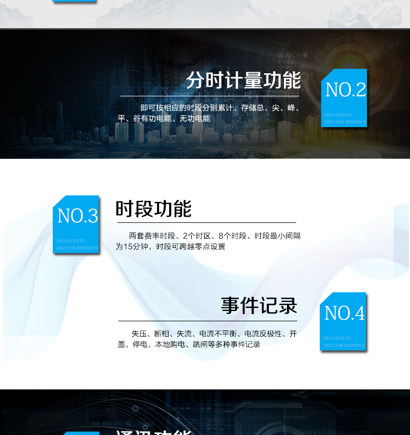 主要功能特點(diǎn)
　　A.正向有功、反向有功電能、四象限無功電能計(jì)量功能，并可以據(jù)此設(shè)置組合有功和組合無功電能。
　　B.分時計(jì)量功能，即可按相應(yīng)的時段分別累計(jì)、存儲總、尖、峰、平、谷有功電能、無功電能;
　　C.兩套費(fèi)率時段、2個時區(qū)、8個時段、時段最小間隔為15分鐘，時段可跨越零點(diǎn)設(shè)置;
　　D.失壓、斷相、失流、電流不平衡、電流反極性、開蓋、停電、本地購電、跳閘等多種事件記錄;
　　E.內(nèi)置(或外置)繼電器，先付費(fèi)后用電，欠費(fèi)本地自動跳閘;
　　F.遠(yuǎn)程通訊，可通過SMS、GPRS、Etheme等多種方式與后臺系統(tǒng)實(shí)現(xiàn)數(shù)據(jù)交互，支持TCP、UDP協(xié)議;
　　G.遠(yuǎn)程抄表，能抄錄外接電表正、反向有功電量、四象限無功、電壓、電流等瞬時量數(shù)據(jù)，支持實(shí)時抄表、定時任務(wù)抄表、主站輪召同時支持多種電表通訊規(guī)約;